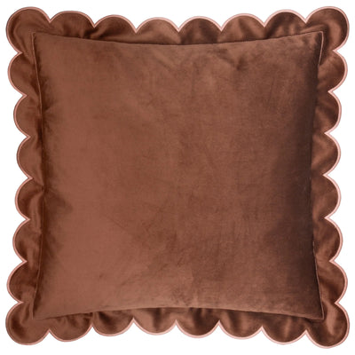 Fiore Brown Velvet Scalloped Edge Cushion with Pink Trim- 45x45cm 