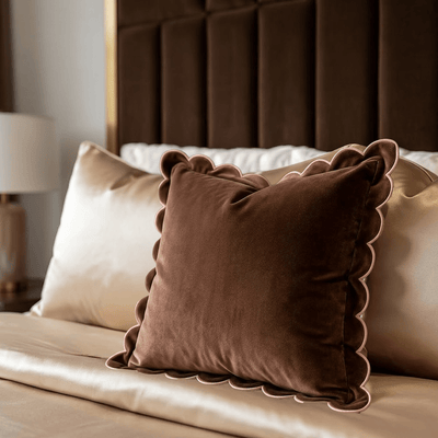 Fiore Brown Velvet Scalloped Edge Cushion with Pink Trim- 45x45cm 