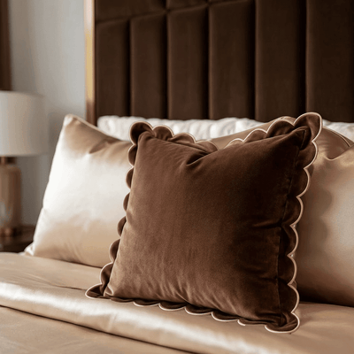 Fiore Brown Velvet Scalloped Edge Feather Filled Cushion with Pink Trim - 45x45cm Textiles 