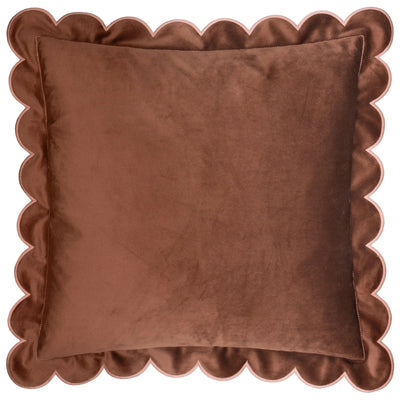 Fiore Brown Velvet Scalloped Edge Feather Filled Cushion with Pink Trim - 45x45cm Textiles 