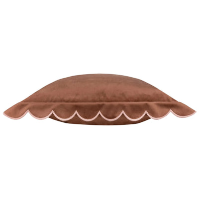 Fiore Brown Velvet Scalloped Edge Feather Filled Cushion with Pink Trim - 45x45cm Textiles 