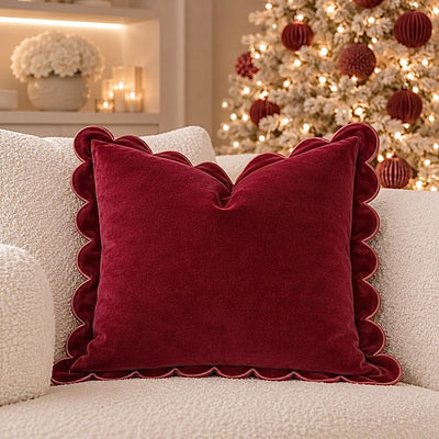 Fiore Burgundy Velvet Scalloped Edge Cushion Cover - 45x45cm Textiles 