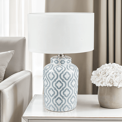 Gatsby Grey & White Patterned Ceramic Table Lamp with White Shade Lighting 