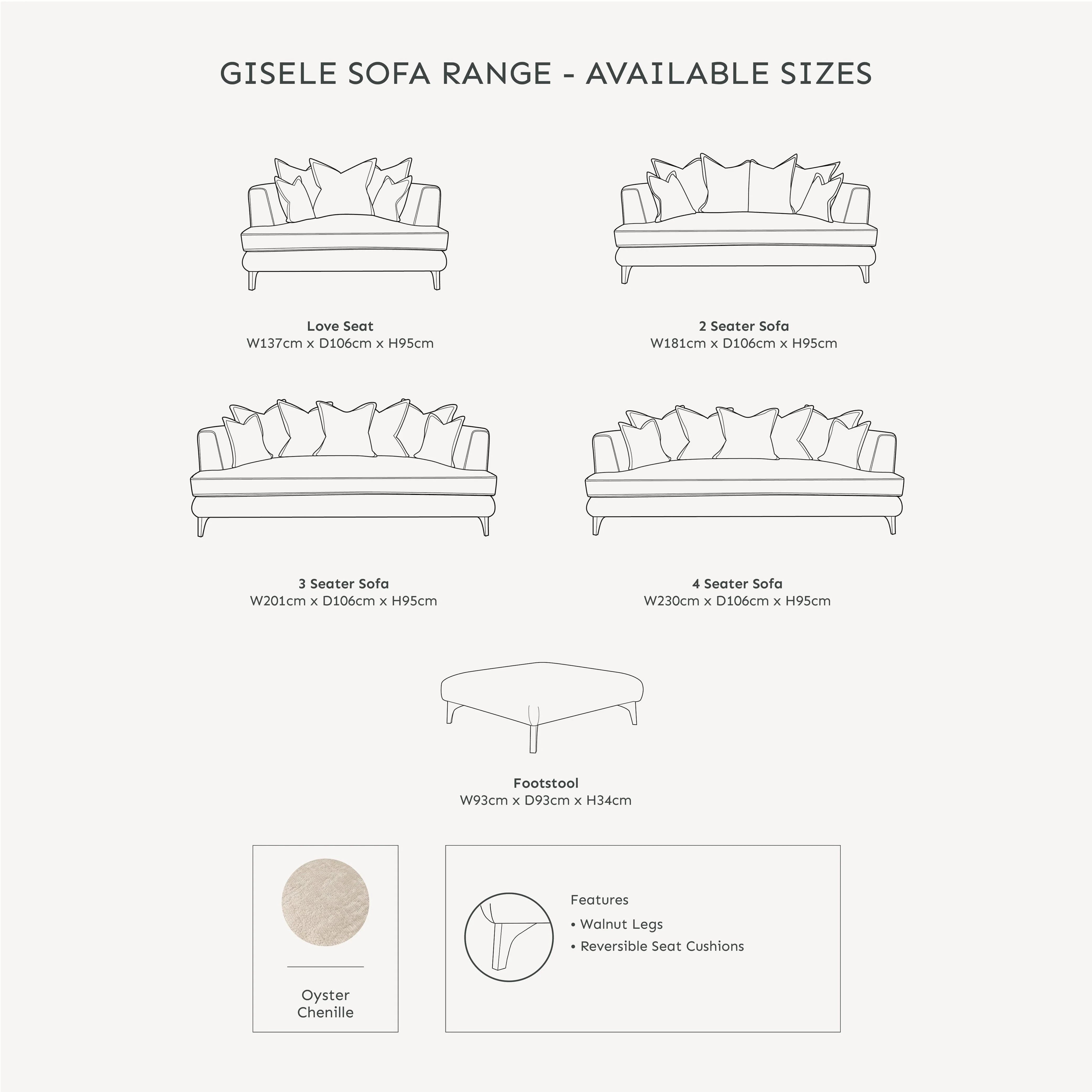 Gisele Oyster Textured Chenille, Pillowback Sofa Range With Walnut Legs MTO Sofa 