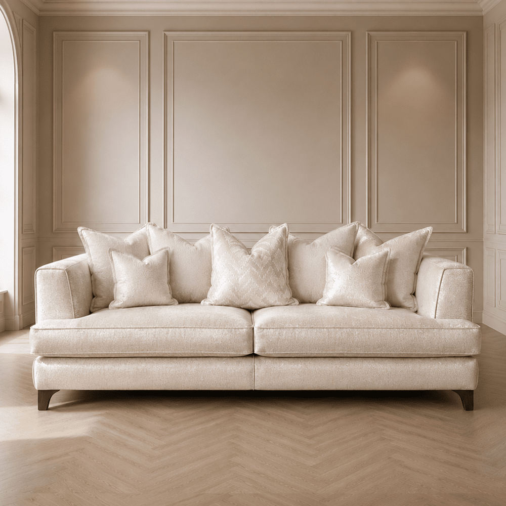 Gisele Oyster Textured Chenille, Pillowback Sofa Range With Walnut Legs Sofa 
