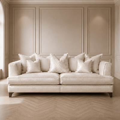 Gisele Oyster Textured Chenille, Pillowback Sofa Range With Walnut Legs Sofa 