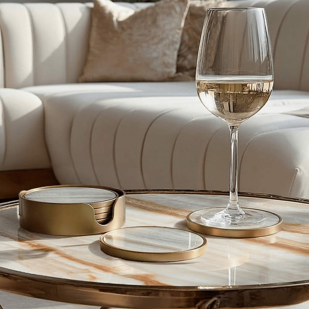 Gold Marble Effect Coasters with Gold Holder - Set of 4 Accessories 