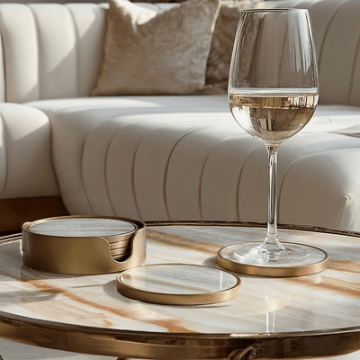 Gold Marble Effect Coasters with Gold Holder - Set of 4 Accessories 