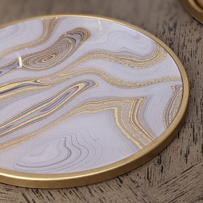 Gold Swirl Marble Effect Coasters with Gold Holder - Set of 4 Accessories 