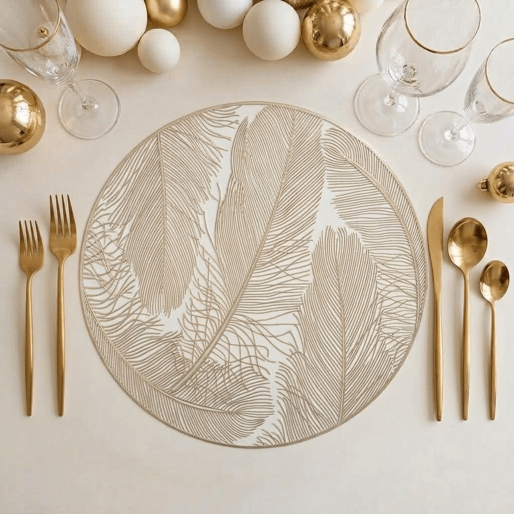 Grace Gold Feather Patterned Placemat Accessories 