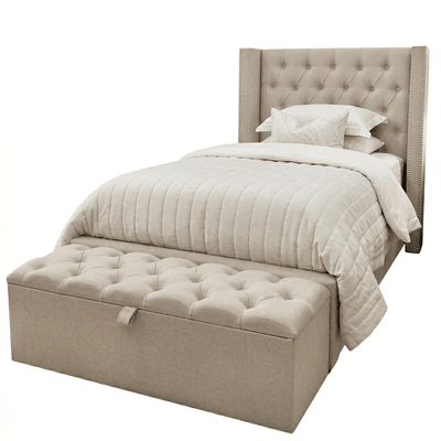 Harper Classic Luxury Grey Tweed Buttoned Silver Stud Wing Chunky Bed - Single Beds and Headboards 