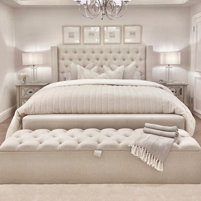 Harper Classic Luxury Grey Tweed Buttoned Silver Stud Wing Chunky Ottoman Storage Bed Beds and Headboards 