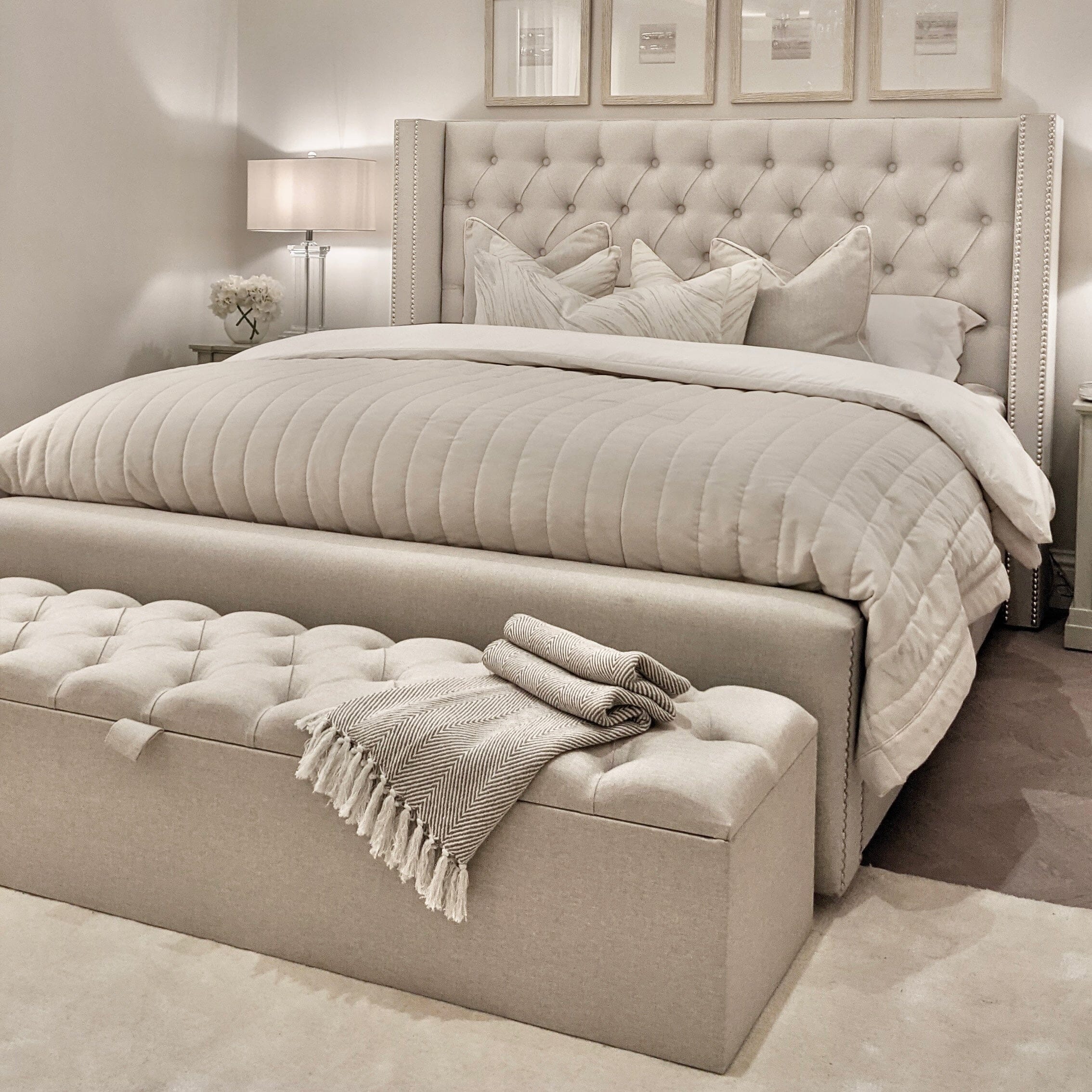 Harper Classic Luxury Grey Tweed Buttoned Silver Stud Wing Chunky Ottoman Storage Bed Beds and Headboards 