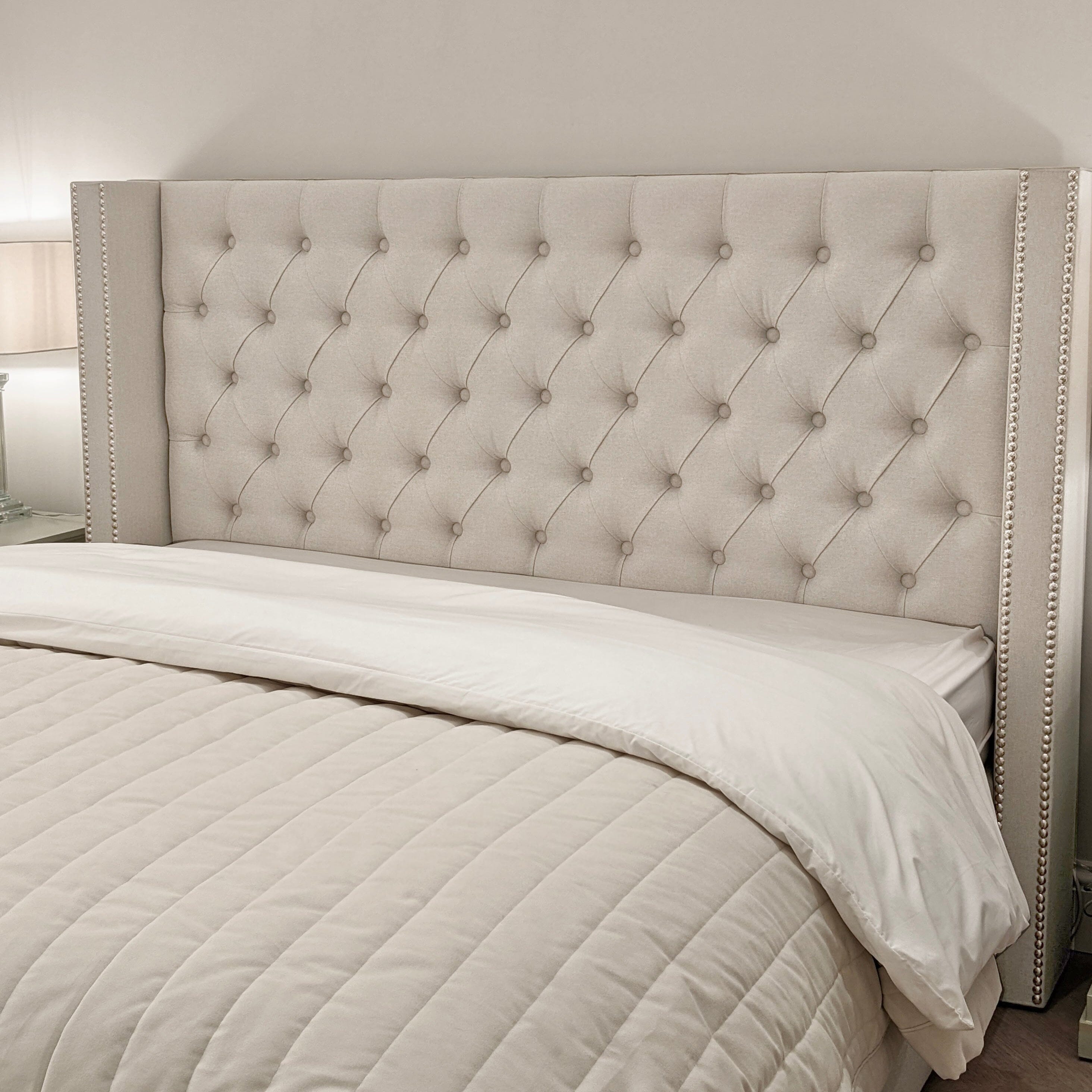 Harper Classic Luxury Grey Tweed Buttoned Silver Stud Wing Chunky Ottoman Storage Bed Beds and Headboards 