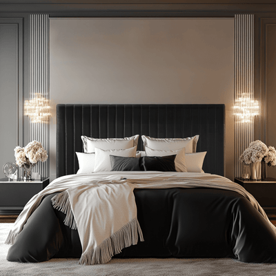 Harriet Tall Black Velvet Channelled Ottoman Bed Beds and Headboards 