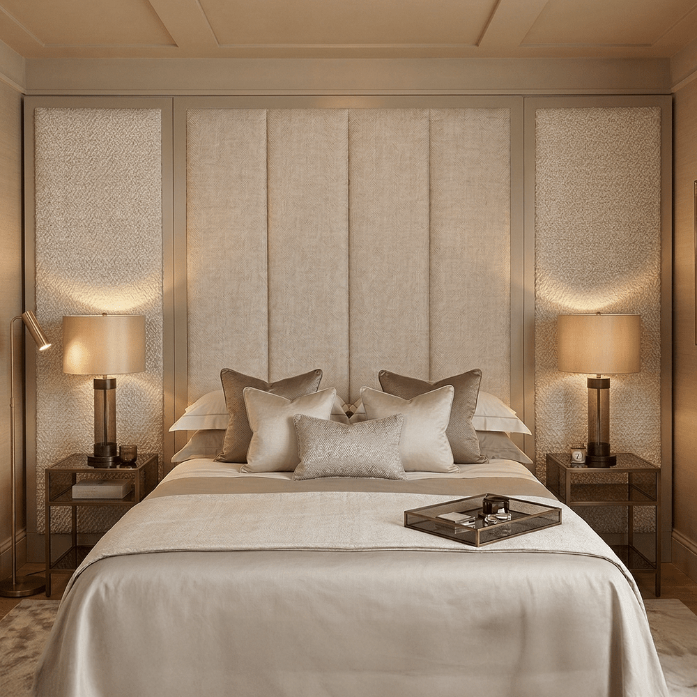 Harrington Almond Woven Channelled Headboard with Mid Taupe Frame & Cream & Beige Patterned Accent Wings Beds and Headboards 