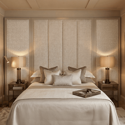 Harrington Almond Woven Channelled Headboard with Mid Taupe Frame & Cream & Beige Patterned Accent Wings Beds and Headboards 