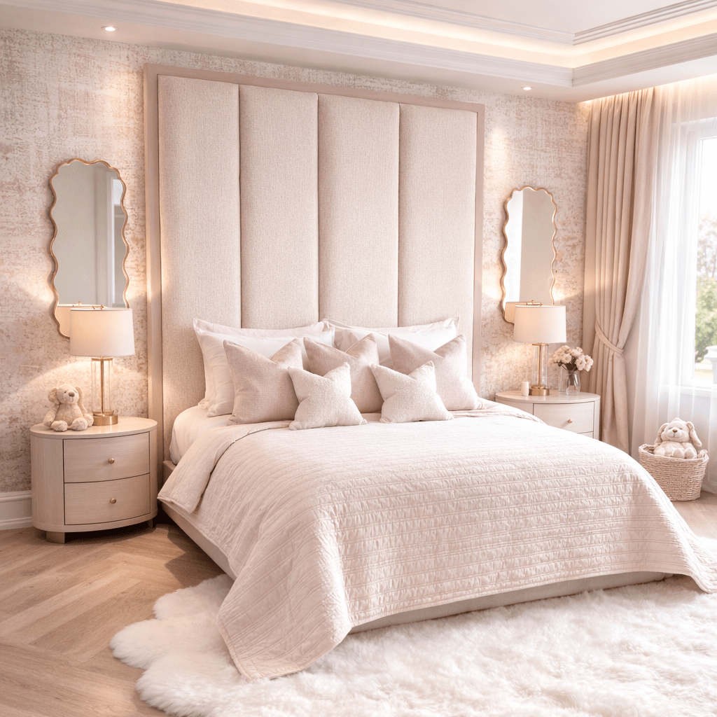 Harrington Almond Woven Channelled Headboard with Soft Pink Frame Beds and Headboards 
