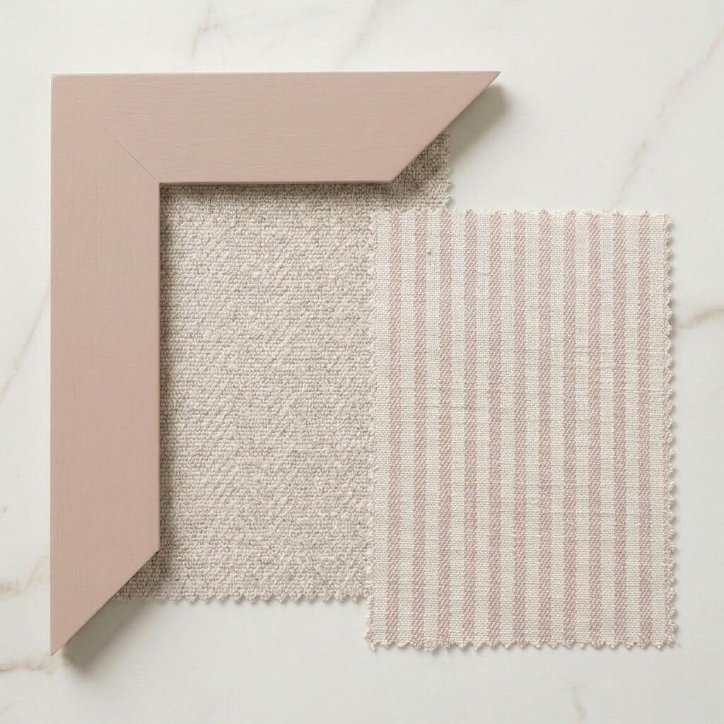Harrington Almond Woven Channelled Headboard with Soft Pink Frame & Pink Stripe Accent Wings Beds and Headboards 