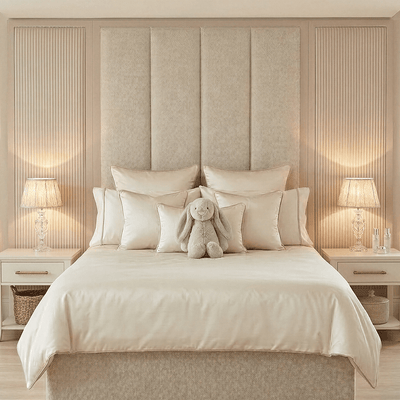 Harrington Almond Woven Channelled Headboard with Soft Pink Frame & Pink Stripe Accent Wings Beds and Headboards 