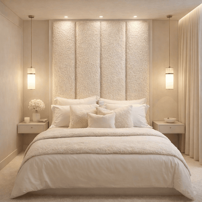 Harrington Cream Soft Teddy Channelled Headboard with Off White Frame Beds and Headboards 