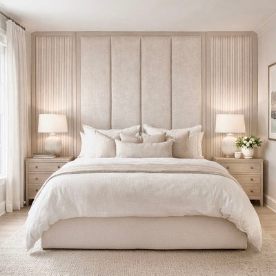 Harrington Natural Woven Channelled Headboard with Light Taupe Frame & Natural Striped Accent Wings 