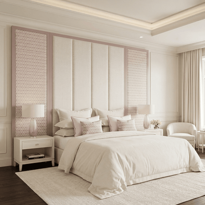 Harrington Natural Woven Channelled Headboard with Mauve Frame & Pink Geometric Accent Wings 