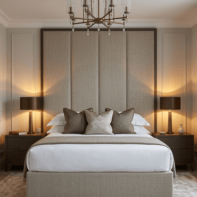 Harrington Pumice Woven Channelled Headboard with Dark Taupe Frame 