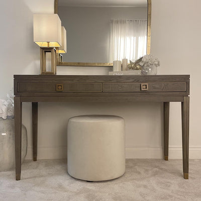 Haye 2 Drawer Chestnut & Gold Dressing Table with Glass Top Furniture 