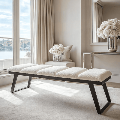 Henley Luxury Cream Boucle Channelled Bench with Black Legs Furniture 