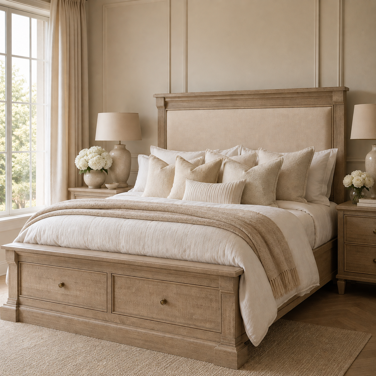 Lilliana Luxury Cream Linen & Wood Bed with Drawer Storage