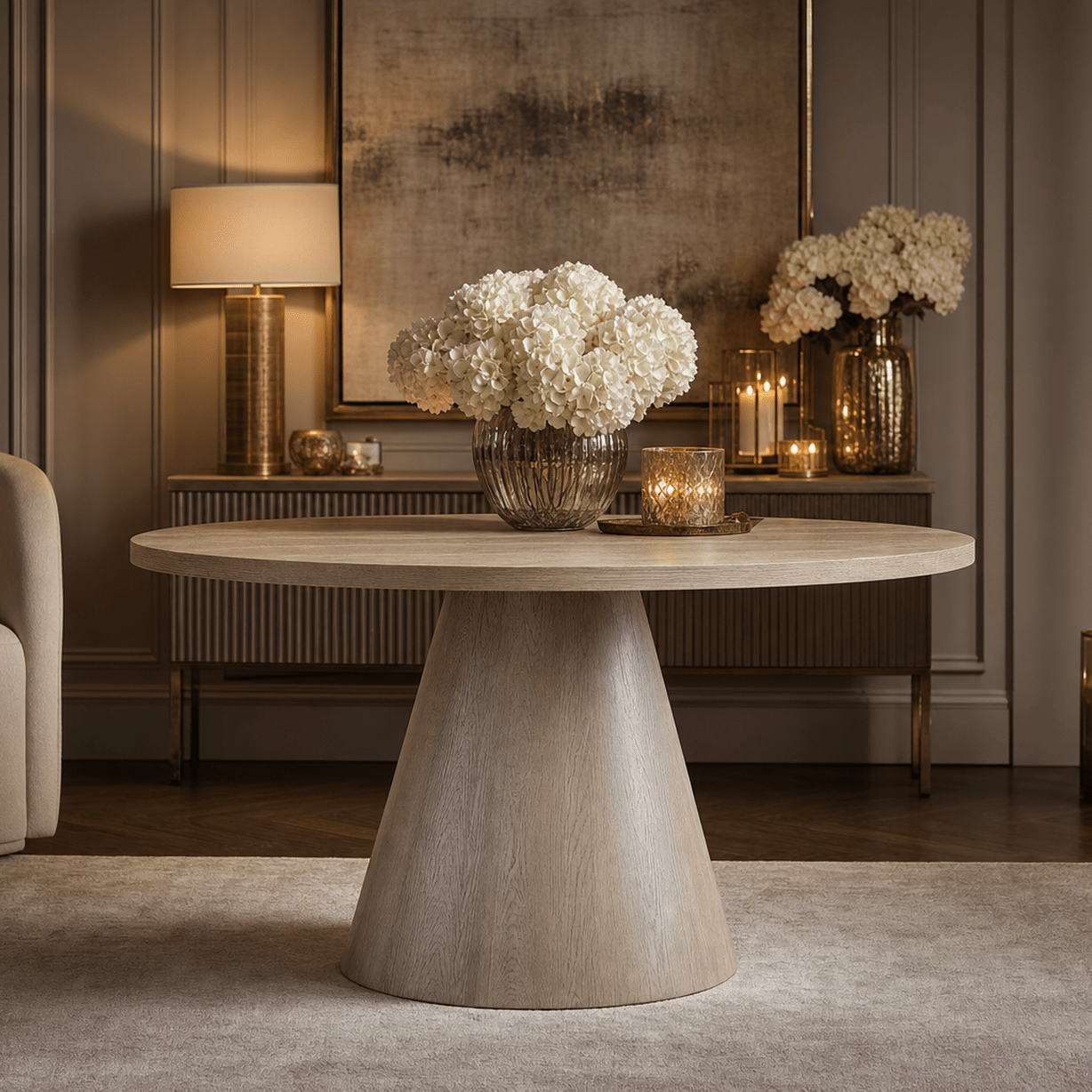 Hudson Greige Wooden Round Dining Table Furniture 