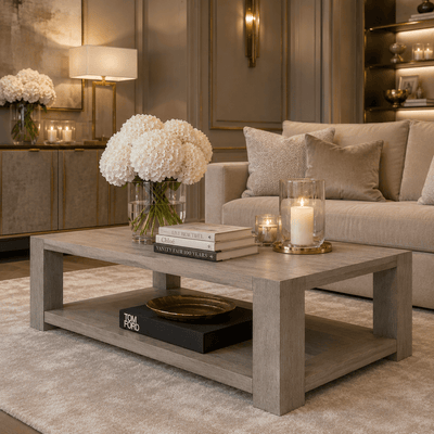 Hudson Greige Wooden Two Tier Rectangular Coffee Table Furniture 