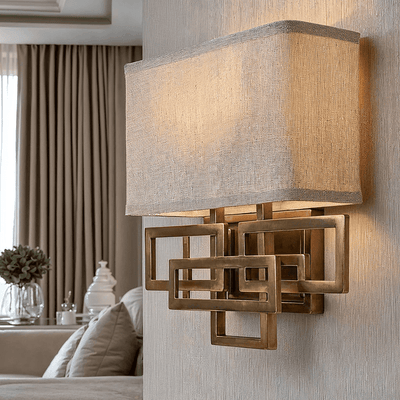 In Stock - Jennifer Brushed Brass 2 Light Wall Light with Linen Shade 