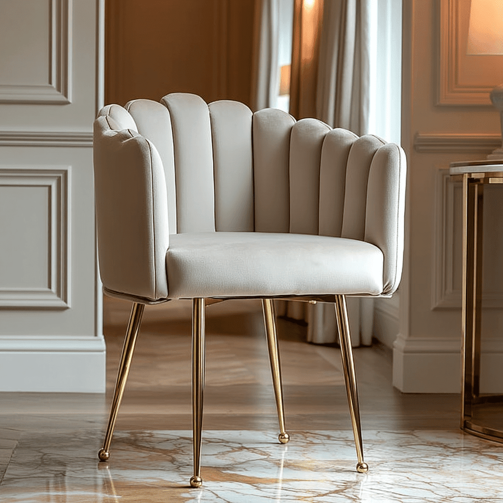 In Stock - Kelcie Beige Velvet Scalloped Dining Chair with Gold Legs Furniture 