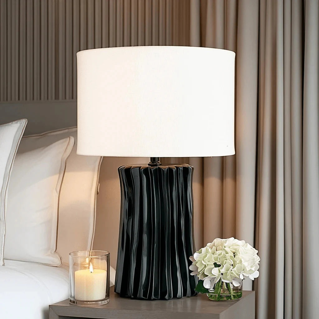 In Stock - Raelynn Black Pleated Table Lamp with White Linen Shade Lighting 