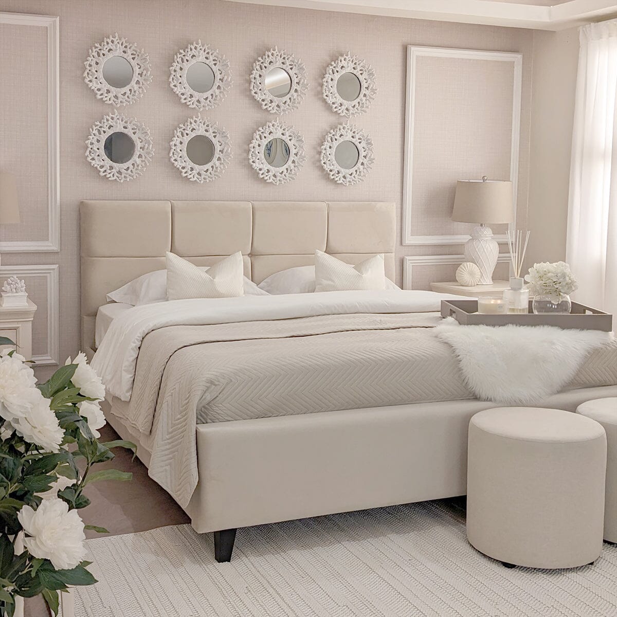 Isabella Luxury Vanilla Velvet Upholstered Bed MTO Beds and Headboards 