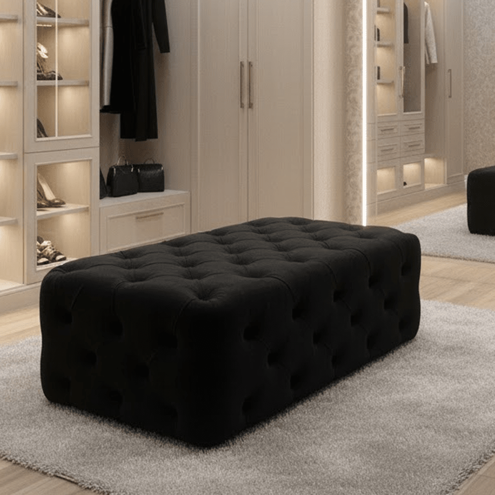 Ismerie Black Velvet Buttoned Bench Furniture 