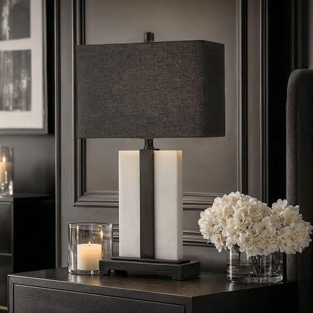 Ives Marble Base Table Lamp with Black Linen Shade Lighting 