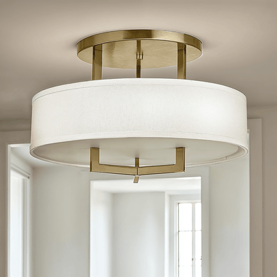 Jessie Brushed Brass 3 Light Semi-Flush Ceiling Light with Linen Shade Lighting 