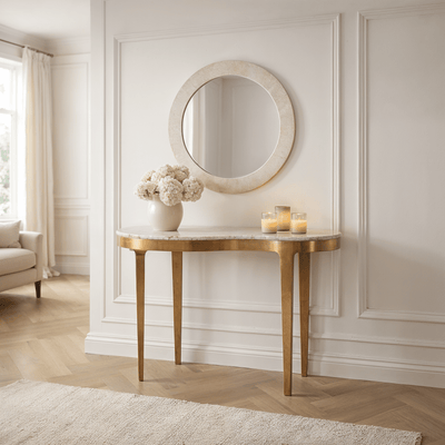 Josephine Antique Bronze Abstract Shaped Console Table with Taupe Marble Top Furniture 