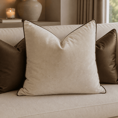 Juniper Cream & Chocolate Velvet Feather Filled Cushion - 45x45cm Textiles 