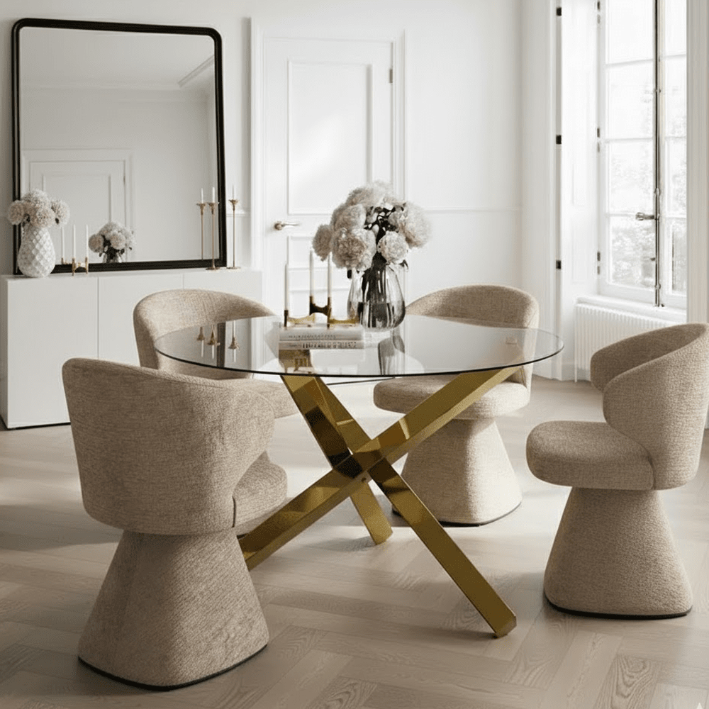 Kimberly Gold & Glass Cross Base Round Dining Table Furniture 