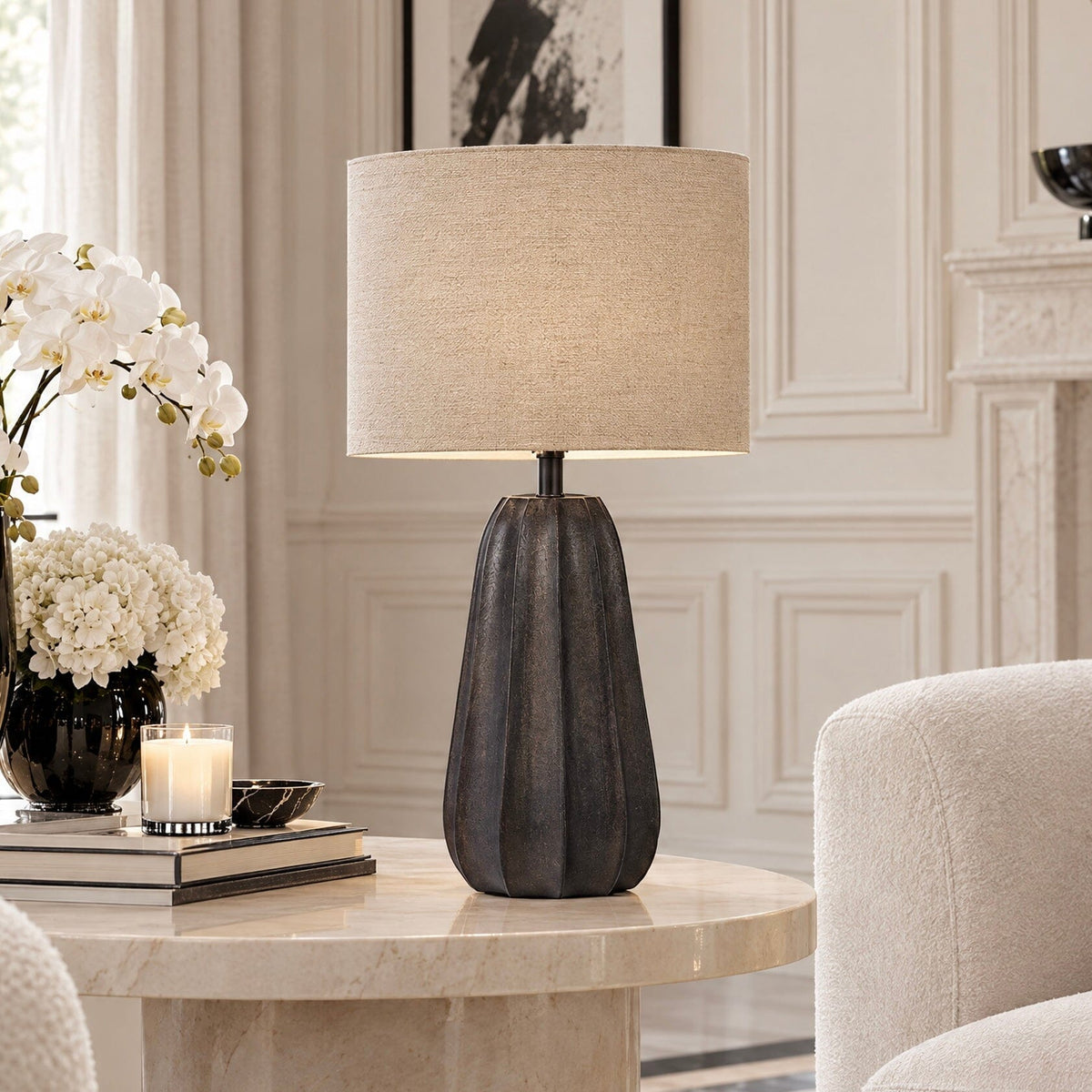 Kimpala Black Tall Textured Wooden Table Lamp with Cream Shade Lighting 