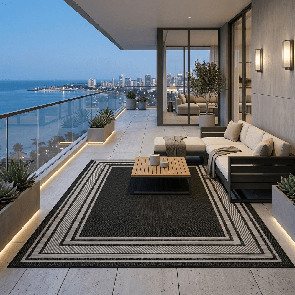 Lara Black Indoor Outdoor Rug with Cream Border Textiles 