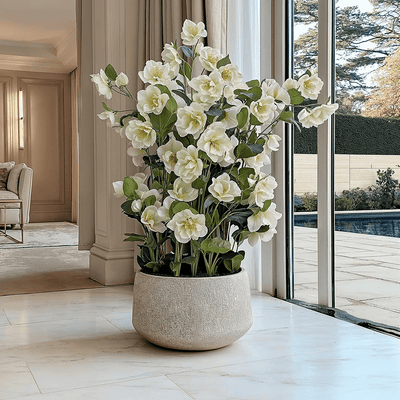 Large Faux White Hellebore Plant in Stone Pot Accessories 