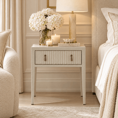 Lettos Whitewash Wooden Ribbed Front 1 Drawer Bedside Table Furniture 