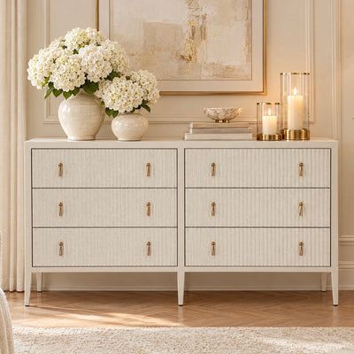 Lettos Whitewash Wooden Ribbed Front 6 Drawer Chest Furniture 