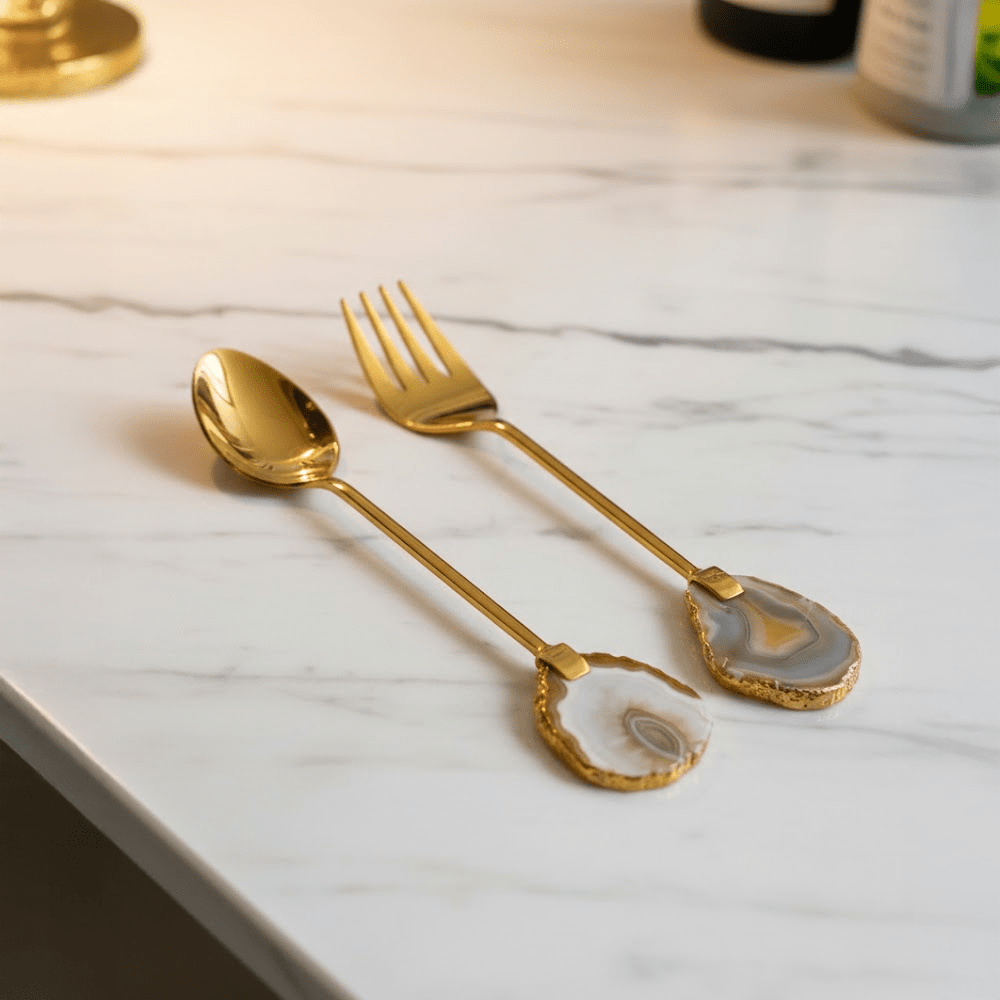 Lithos Gold Salad Servers with Marble Stone Detail Accessories 