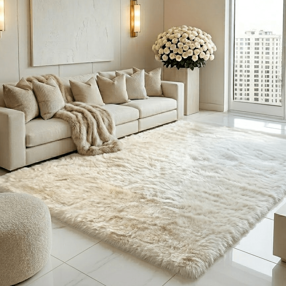 Lorek Cream Luxury Faux Fur Rug 